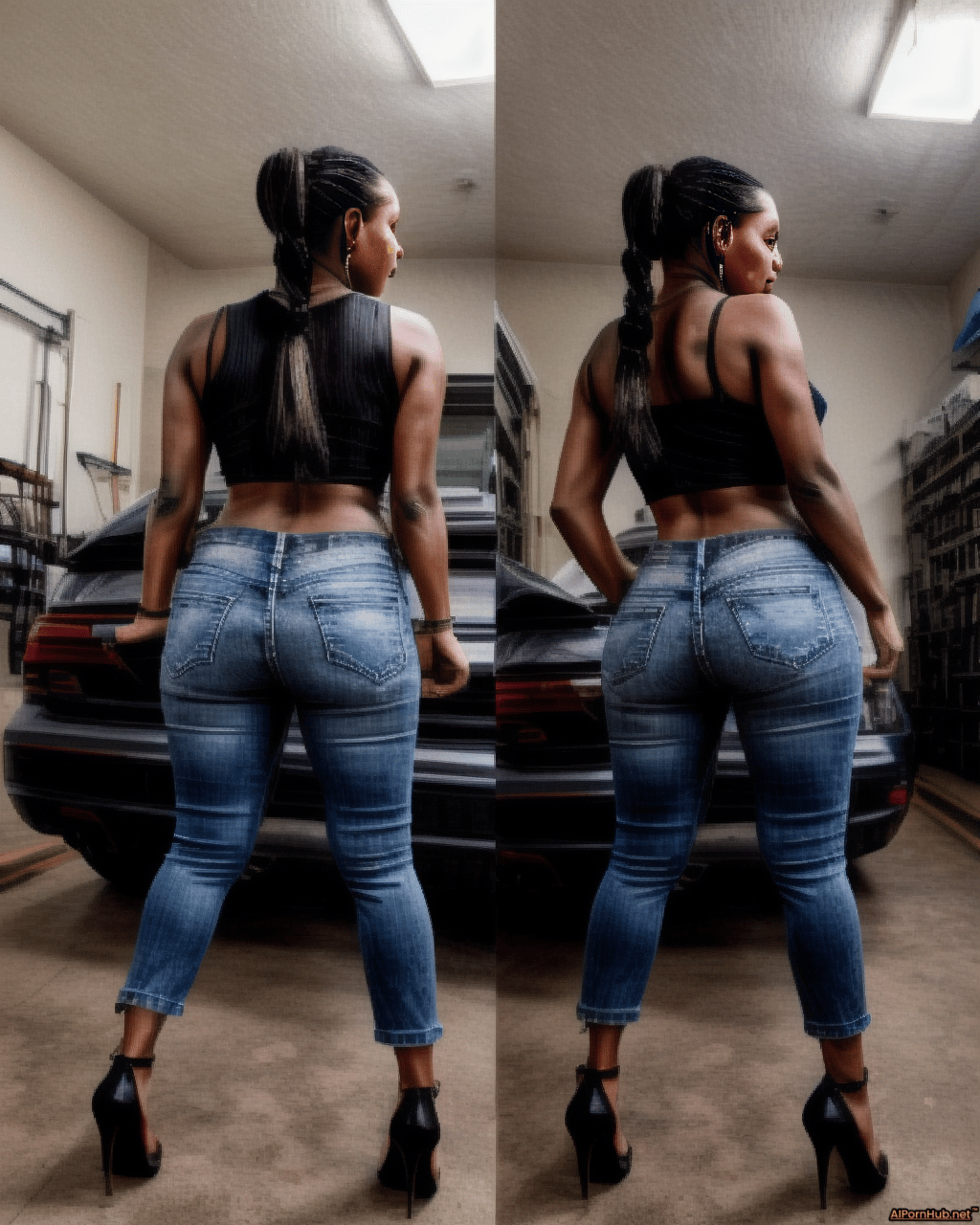 AiPornHub — Full shot, Award winning photo, Ebony girl, pigtails, small  breasts, nude colored thong, narrow waist, round ass, mechanic shop  background, <lora:more_details:1> pigtails